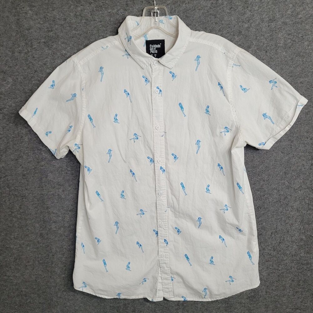 Cuidado Con El Perro Pin-Up Girl Pattern Mens Large White Short Sleeve Shirt